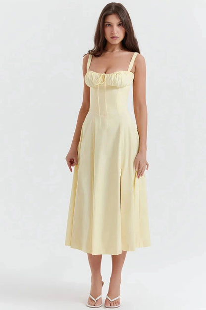 Women's Floral Print Corset Bodice Midi Dress with Lace-Up Back and Side Slit