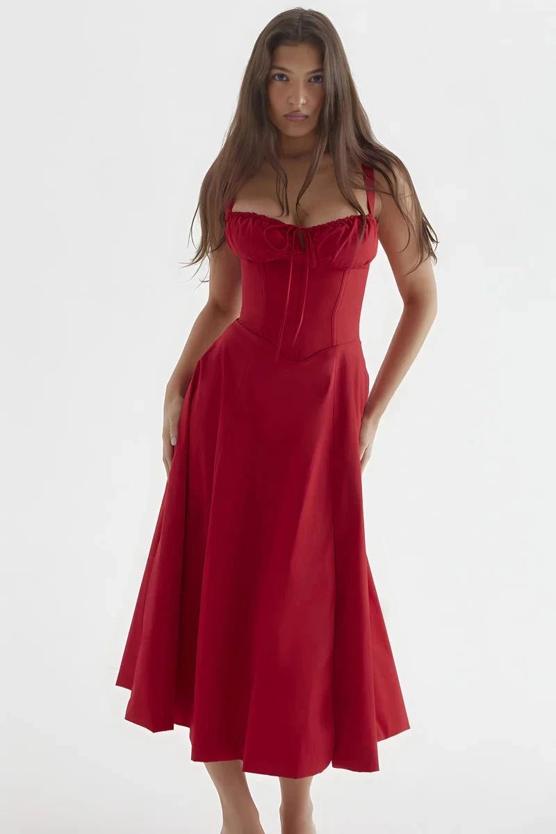 Women's Floral Print Corset Bodice Midi Dress with Lace-Up Back and Side Slit