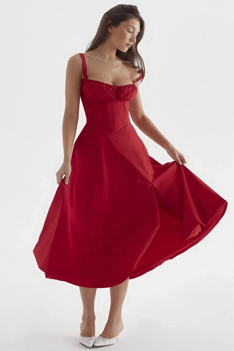 Women's Floral Print Corset Bodice Midi Dress with Lace-Up Back and Side Slit