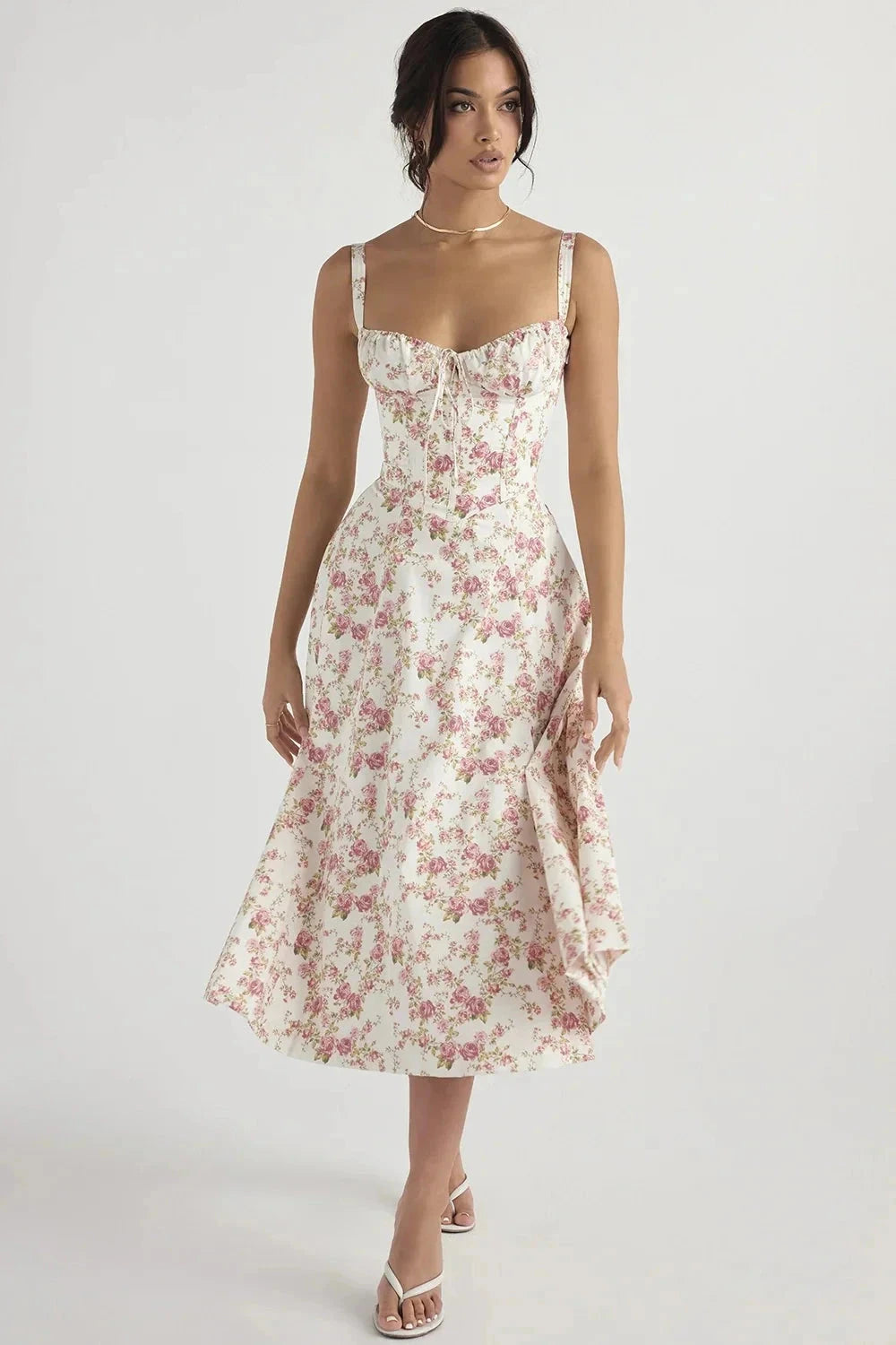 Women's Floral Print Corset Bodice Midi Dress with Lace-Up Back and Side Slit