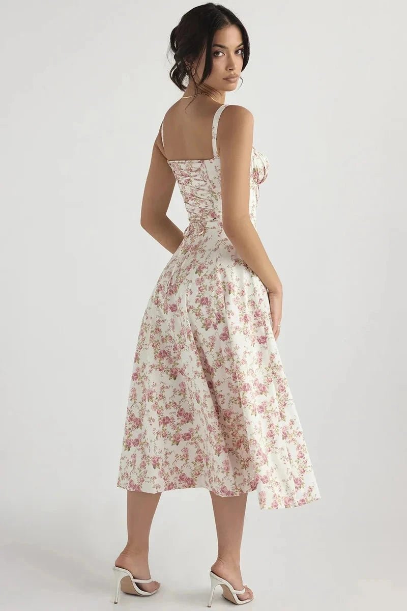 Women's Floral Print Corset Bodice Midi Dress with Lace-Up Back and Side Slit