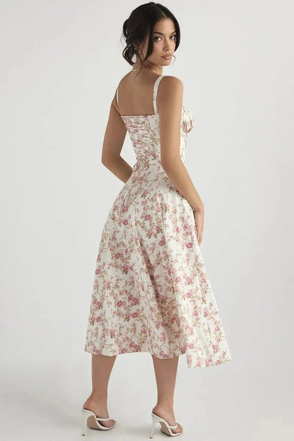 Women's Floral Print Corset Bodice Midi Dress with Lace-Up Back and Side Slit