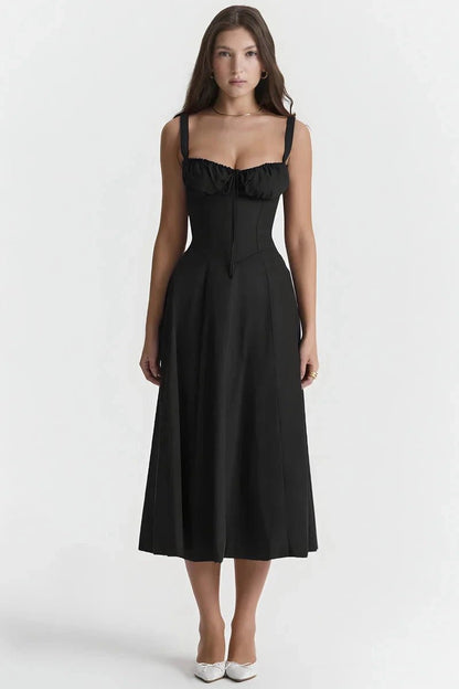 Women's Floral Print Corset Bodice Midi Dress with Lace-Up Back and Side Slit