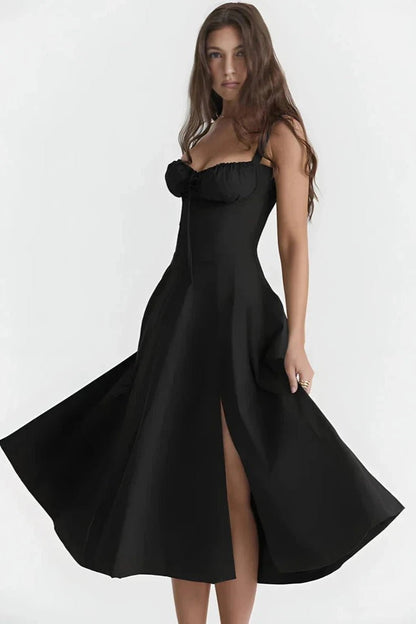 Women's Floral Print Corset Bodice Midi Dress with Lace-Up Back and Side Slit
