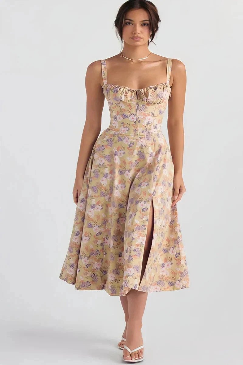 Women's Floral Print Corset Bodice Midi Dress with Lace-Up Back and Side Slit