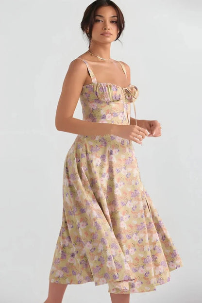 Women's Floral Print Corset Bodice Midi Dress with Lace-Up Back and Side Slit