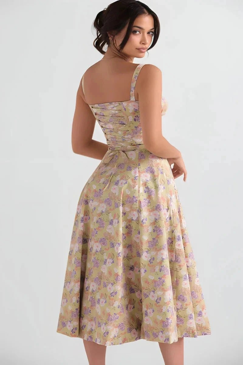 Women's Floral Print Corset Bodice Midi Dress with Lace-Up Back and Side Slit