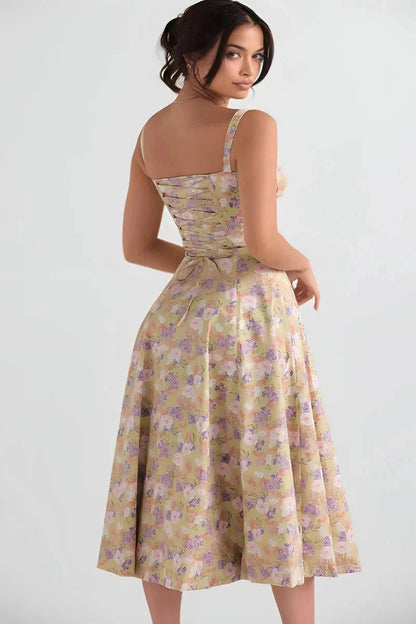 Women's Floral Print Corset Bodice Midi Dress with Lace-Up Back and Side Slit