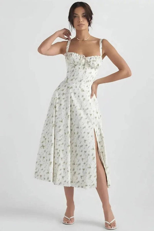 Women's Floral Print Corset Bodice Midi Dress with Lace-Up Back and Side Slit