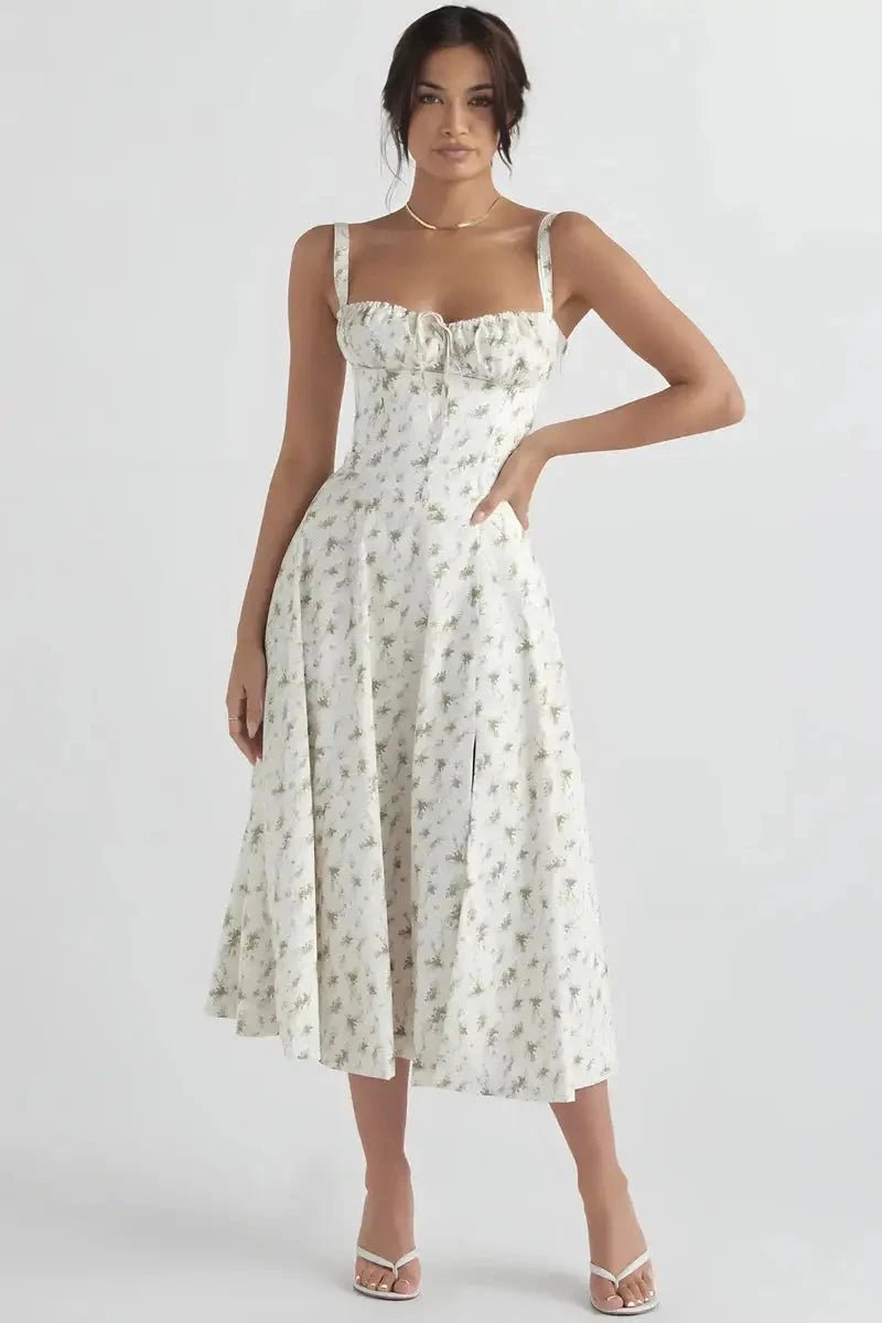Women's Floral Print Corset Bodice Midi Dress with Lace-Up Back and Side Slit
