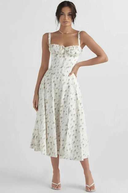 Women's Floral Print Corset Bodice Midi Dress with Lace-Up Back and Side Slit