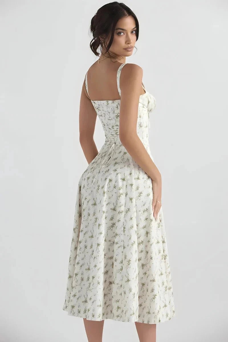 Women's Floral Print Corset Bodice Midi Dress with Lace-Up Back and Side Slit