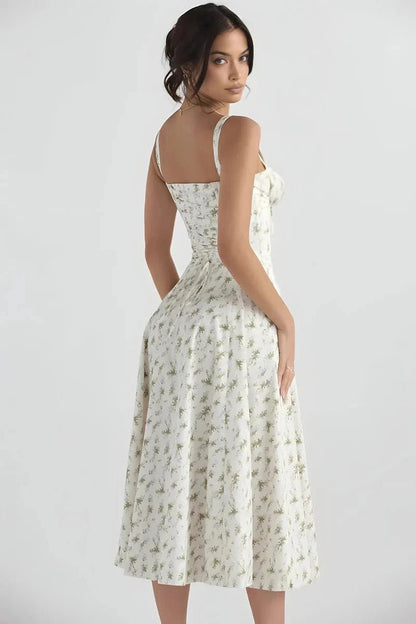 Women's Floral Print Corset Bodice Midi Dress with Lace-Up Back and Side Slit