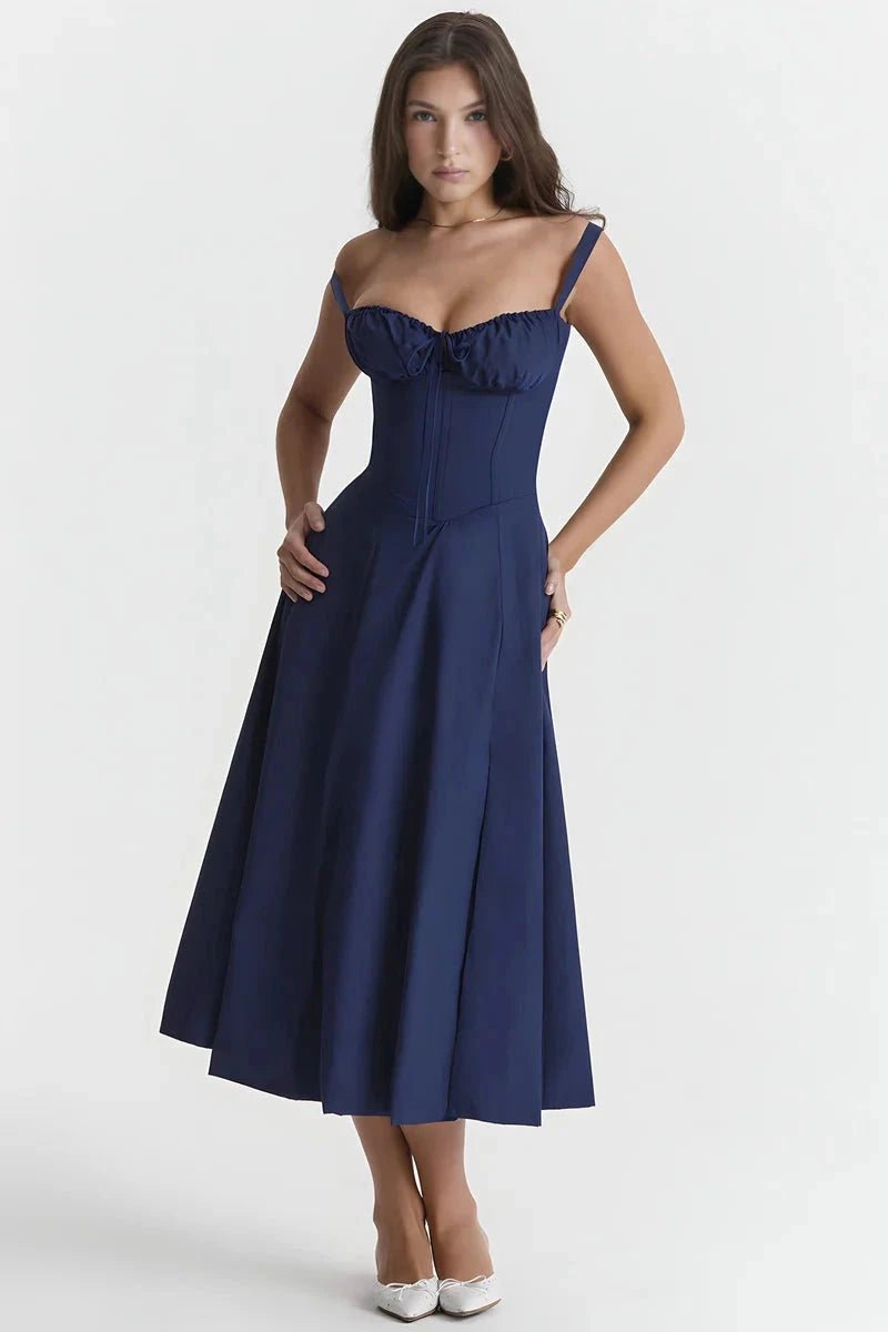 Women's Floral Print Corset Bodice Midi Dress with Lace-Up Back and Side Slit