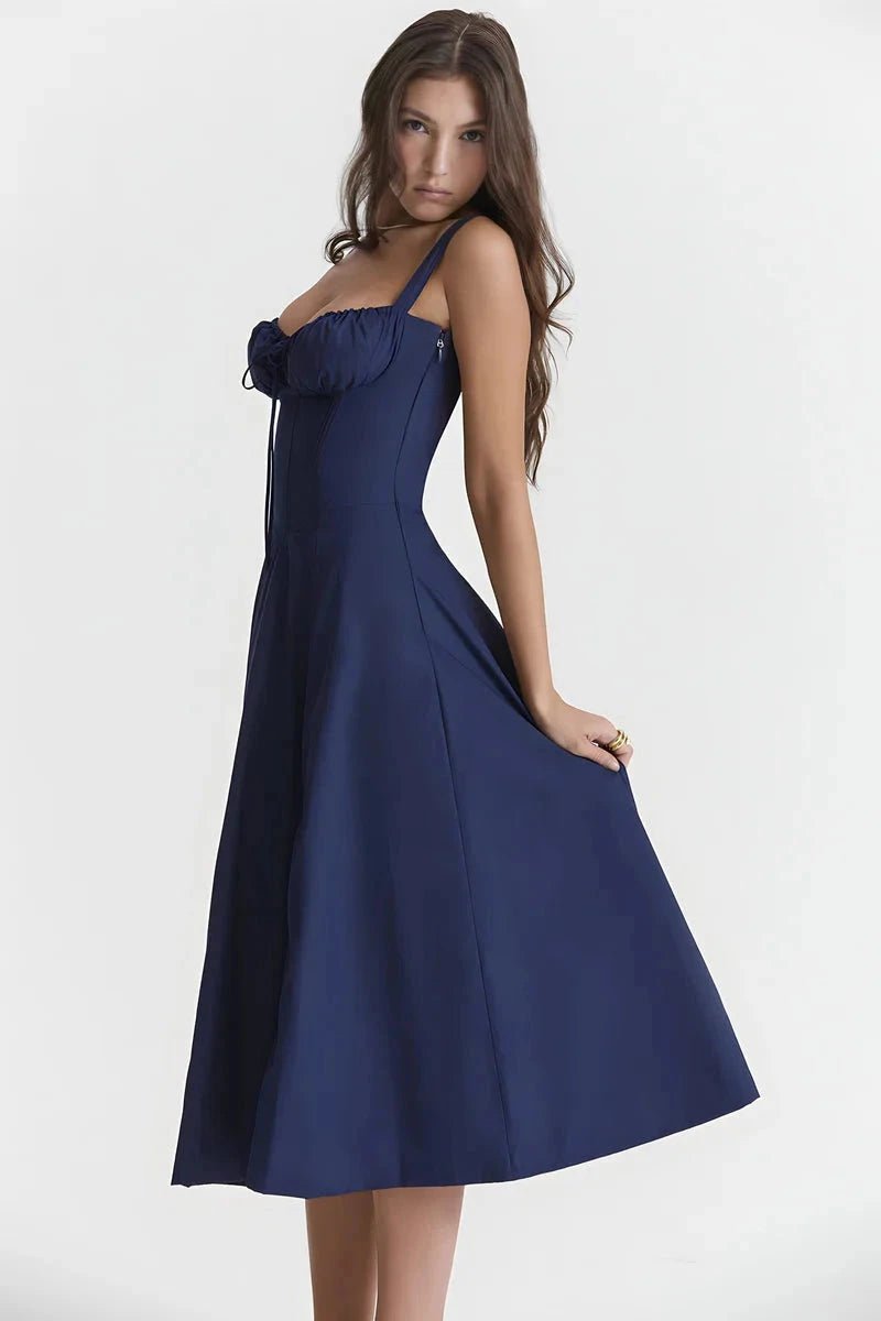 Women's Floral Print Corset Bodice Midi Dress with Lace-Up Back and Side Slit