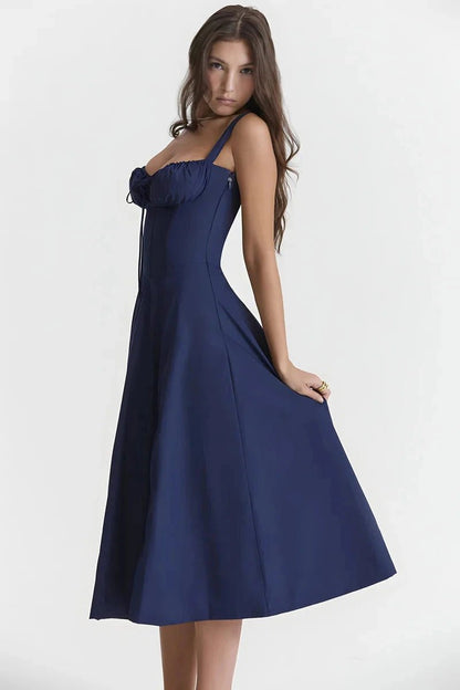Women's Floral Print Corset Bodice Midi Dress with Lace-Up Back and Side Slit