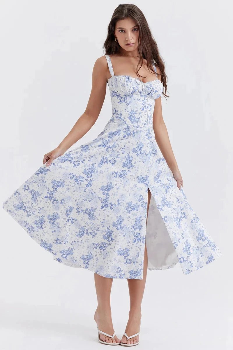 Women's Floral Print Corset Bodice Midi Dress with Lace-Up Back and Side Slit