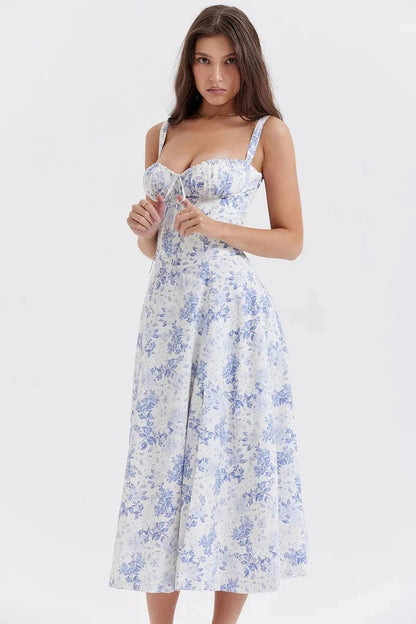 Women's Floral Print Corset Bodice Midi Dress with Lace-Up Back and Side Slit
