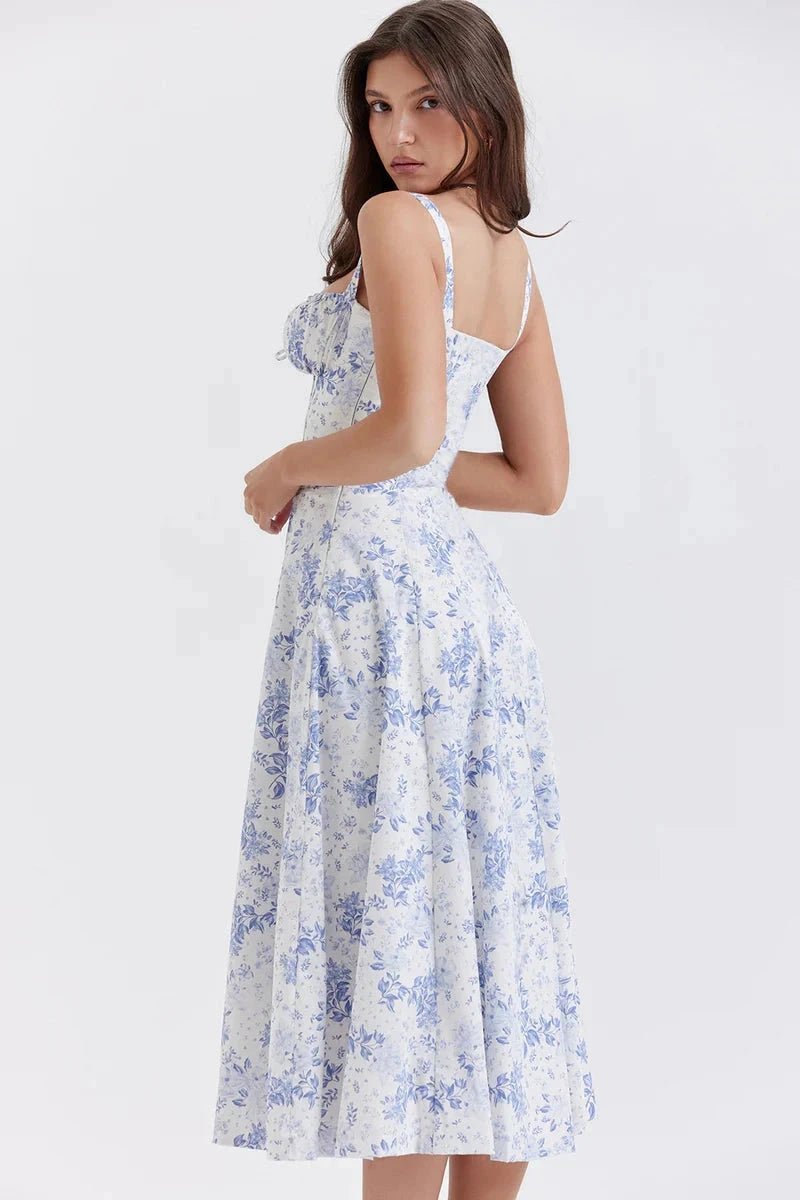 Women's Floral Print Corset Bodice Midi Dress with Lace-Up Back and Side Slit
