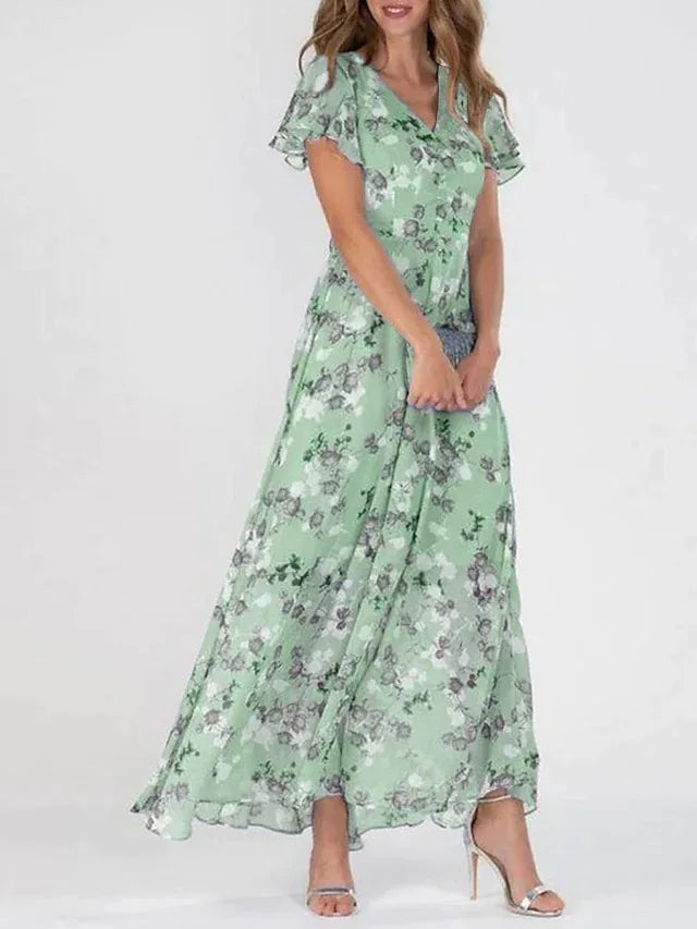 Women's Floral Maxi Dress with Sleeveless Cut and Flared Hem