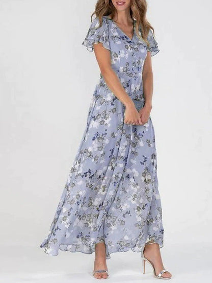 Women's Floral Maxi Dress with Sleeveless Cut and Flared Hem