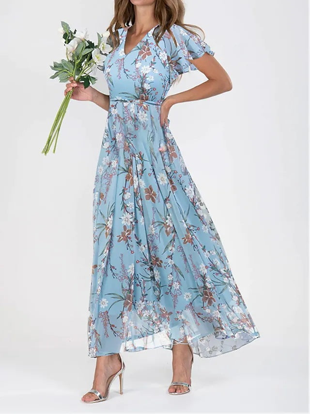 Women's Floral Maxi Dress with Sleeveless Cut and Flared Hem