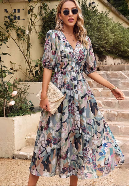 Women's Floral Midi Dress with Puff Sleeves and Defined Waist
