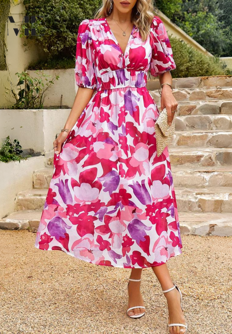 Women's Floral Midi Dress with Puff Sleeves and Defined Waist