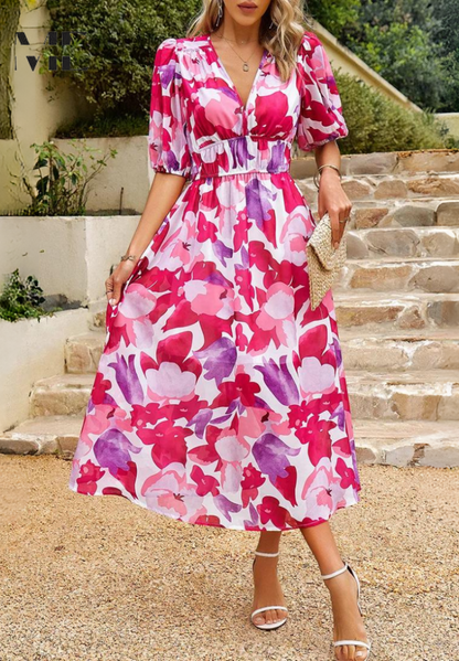 Women's Floral Midi Dress with Puff Sleeves and Defined Waist