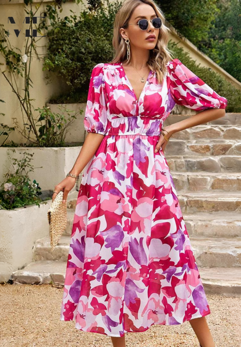 Women's Floral Midi Dress with Puff Sleeves and Defined Waist