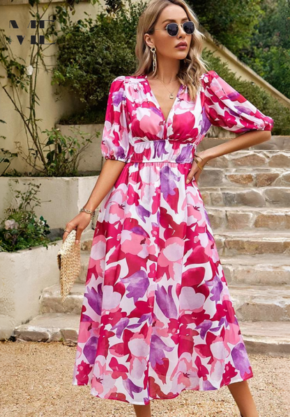 Women's Floral Midi Dress with Puff Sleeves and Defined Waist