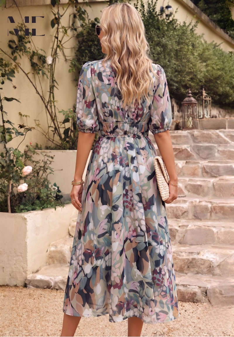 Women's Floral Midi Dress with Puff Sleeves and Defined Waist