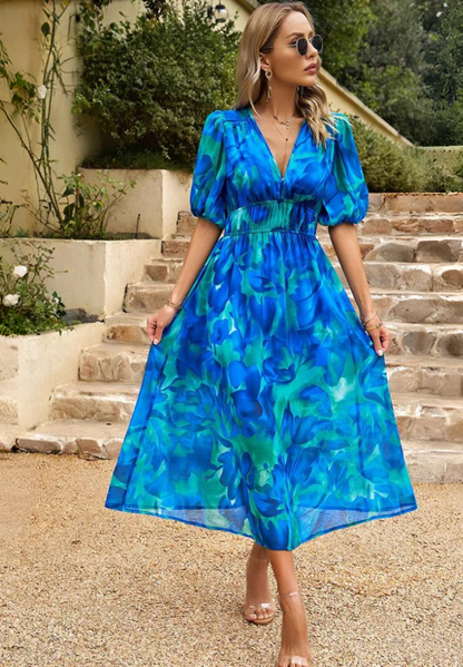 Women's Floral Midi Dress with Puff Sleeves and Defined Waist