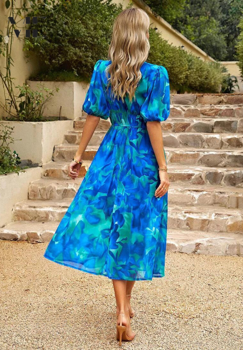 Women's Floral Midi Dress with Puff Sleeves and Defined Waist