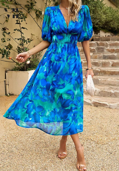 Women's Floral Midi Dress with Puff Sleeves and Defined Waist