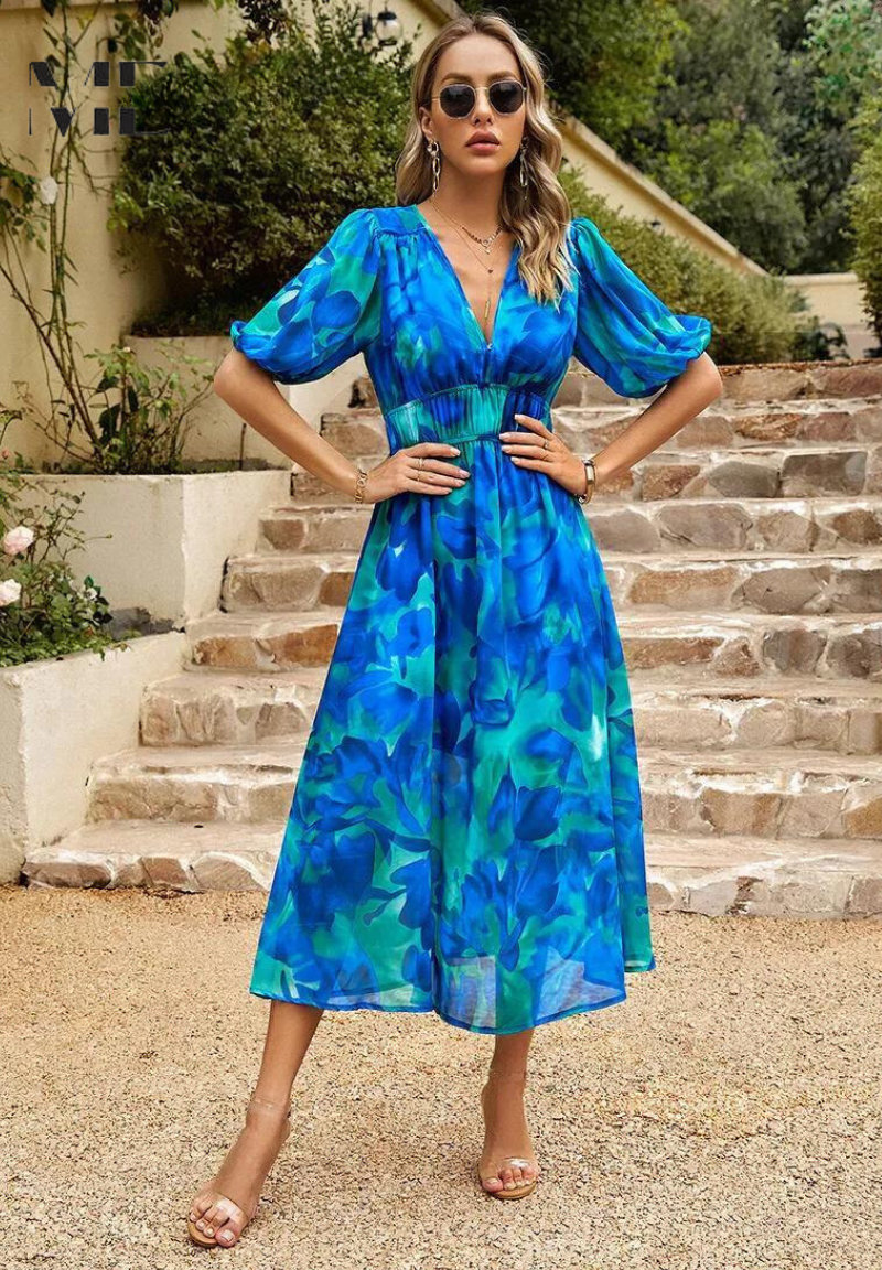 Women's Floral Midi Dress with Puff Sleeves and Defined Waist
