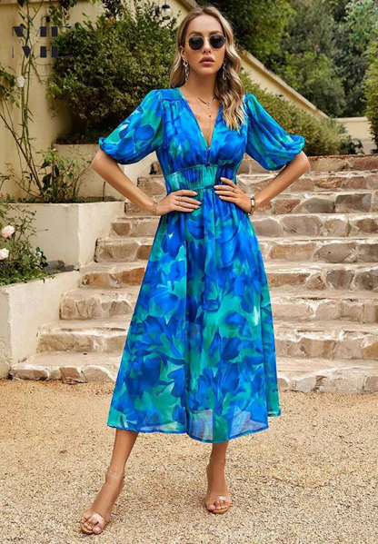 Women's Floral Midi Dress with Puff Sleeves and Defined Waist