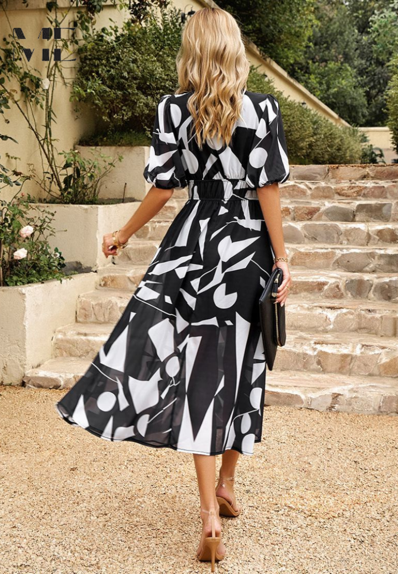 Women's Floral Midi Dress with Puff Sleeves and Defined Waist