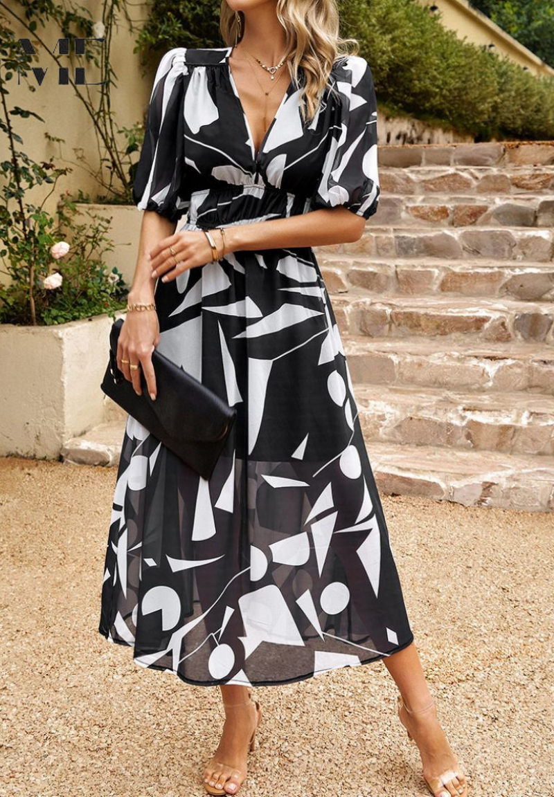 Women's Floral Midi Dress with Puff Sleeves and Defined Waist