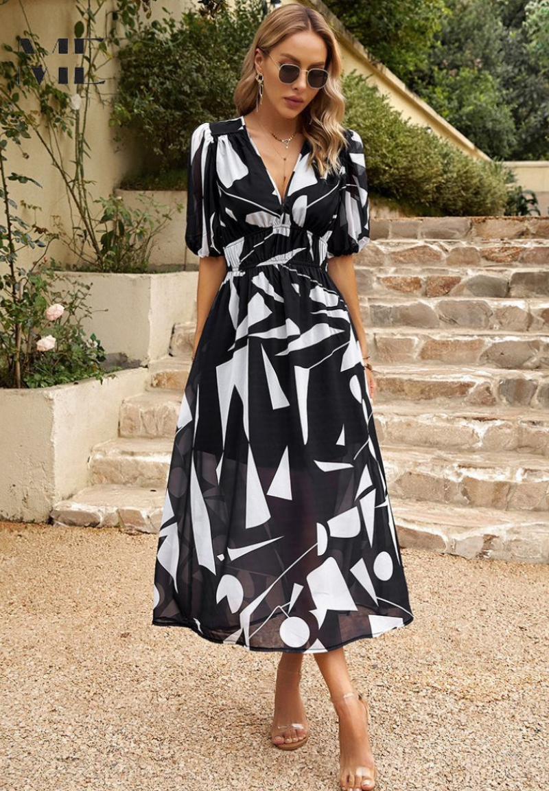 Women's Floral Midi Dress with Puff Sleeves and Defined Waist