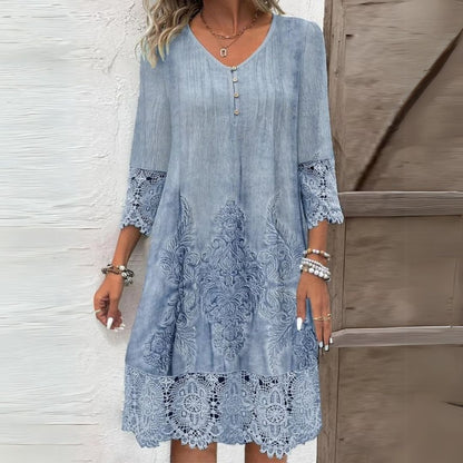 Women's Floral Print Midi Dress with Embroidered Detail and Relaxed Fit