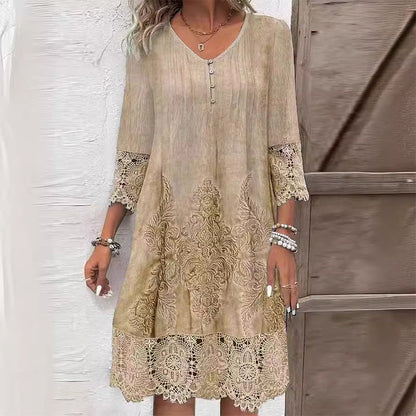 Women's Floral Print Midi Dress with Embroidered Detail and Relaxed Fit