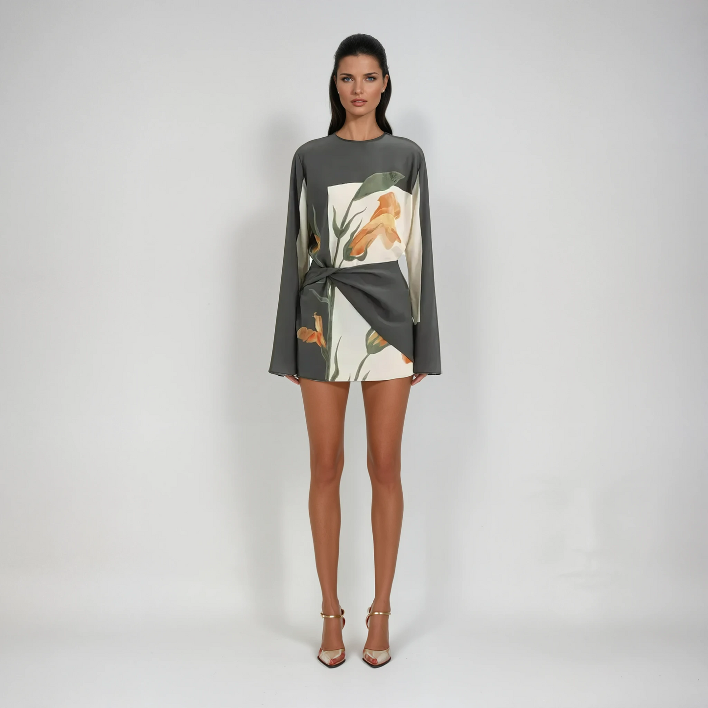 Women's Floral Twist Mini Dress with Draped Overlay and Flared Sleeves