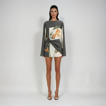 Women's Floral Twist Mini Dress with Draped Overlay and Flared Sleeves