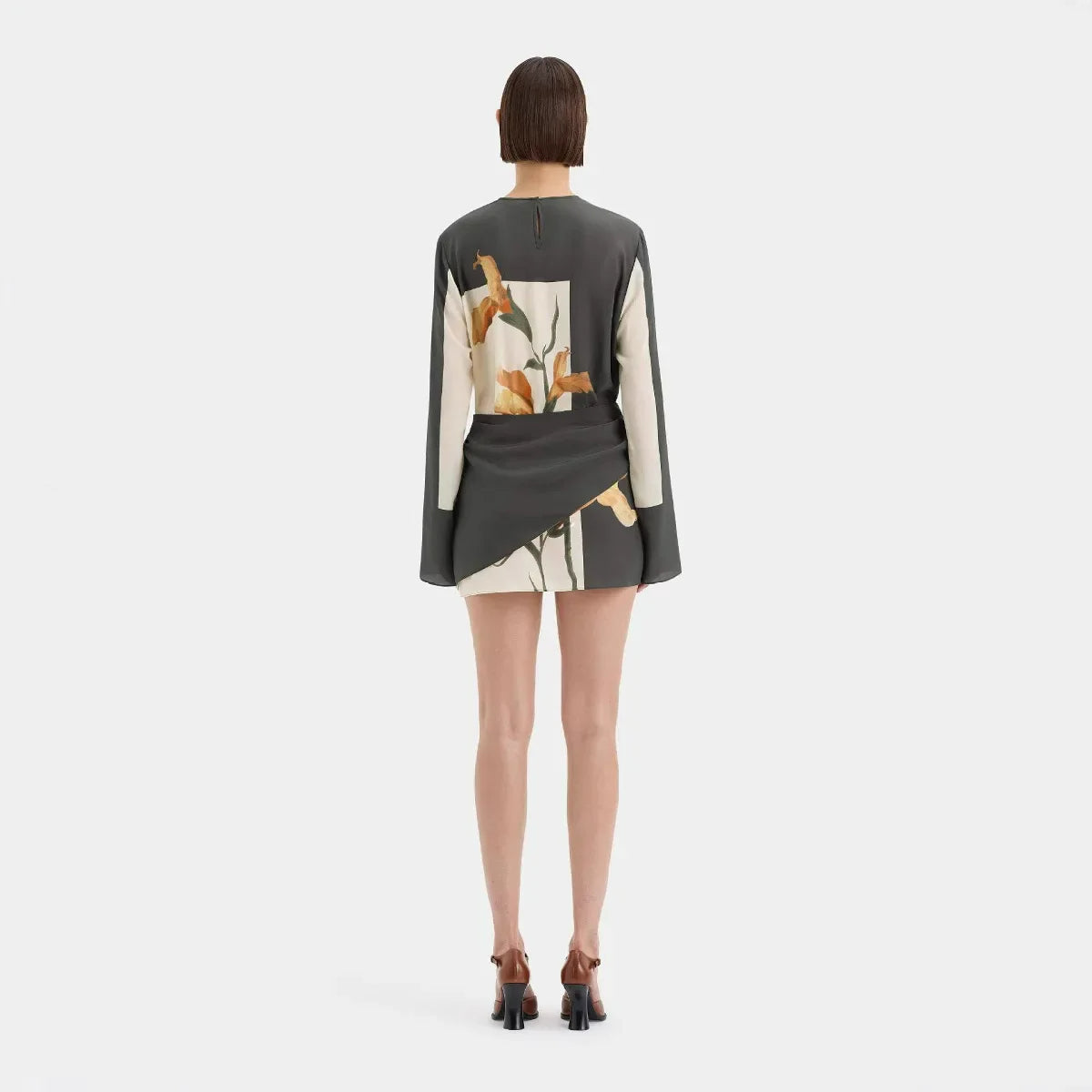 Women's Floral Twist Mini Dress with Draped Overlay and Flared Sleeves
