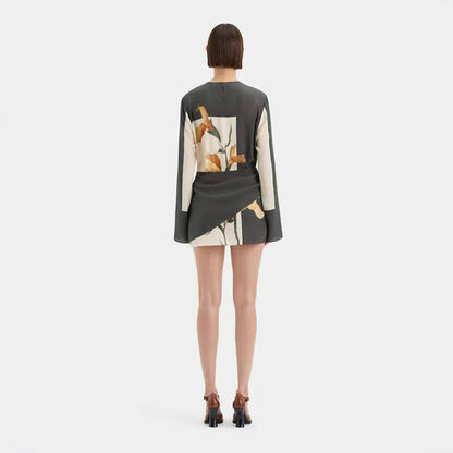 Women's Floral Twist Mini Dress with Draped Overlay and Flared Sleeves
