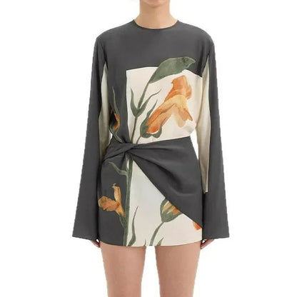 Women's Floral Twist Mini Dress with Draped Overlay and Flared Sleeves