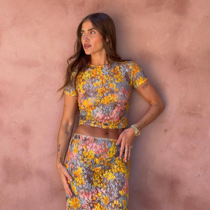 Women's Floral Print Two-Piece Set with Cropped Top and Coordinated Bottoms