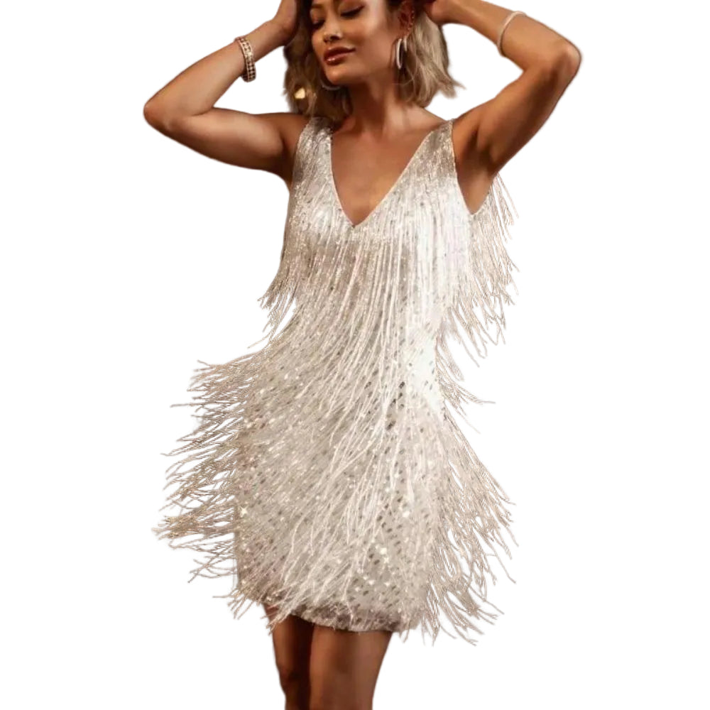 Women's Fringe Mini Dress with V-Neck and All-Over Fringe Detail