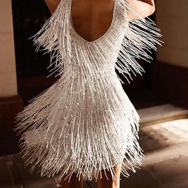 Women's Fringe Mini Dress with V-Neck and All-Over Fringe Detail